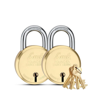 Link 8 Levers 65mm Round Brass Body Padlock | Hardened Shackle|Double Locking | Brass Finish Home Door Lock with 4 Brass Keys| Made in India| (Gold, Pack of 2)
