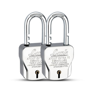 Link Atoot Extra 70MM Triple Locking Mechanism Padlock, Hardened Shackle, Each Padlock with 3 Silver Keys and Free Keychain (Pack of 2)