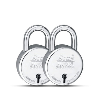 Link New Round 65MM Padlock | Steel Body | Iron Lever | Double Locking | 50,000 Key Combinations 3 Silver Keys for Each Padlocks (Pack of 2)