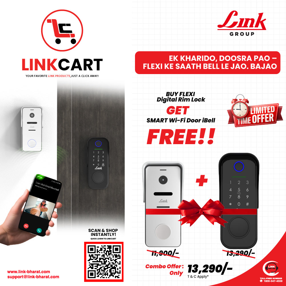 Link Smart Flexi Digital Biometric Rim Lock for Main Door (Mobile app with Wi-Fi, Black) COMBO