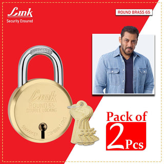 Link 8 Levers 65mm Round Brass Body Padlock | Hardened Shackle|Double Locking | Brass Finish Home Door Lock with 4 Brass Keys| Made in India| (Gold, Pack of 2)