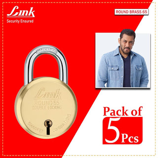 Link 8 Levers 65mm Round Brass Body Padlock| Hardened Shackle|Double Locking | Brass Finish Home Door Lock with 4 Brass Keys| Made in India| (Gold, Pack of 5)