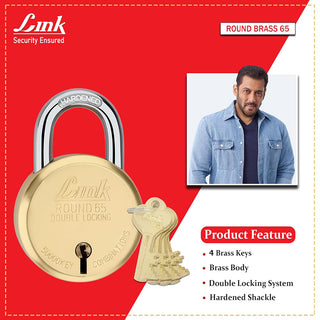 Link 8 Levers 65mm Round Brass Body Padlock | Hardened Shackle|Double Locking | Brass Finish Home Door Lock with 4 Brass Keys| Made in India| (Gold, Pack of 2)