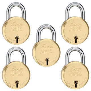 Link 8 Levers 65mm Round Brass Body Padlock| Hardened Shackle|Double Locking | Brass Finish Home Door Lock with 4 Brass Keys| Made in India| (Gold, Pack of 5)