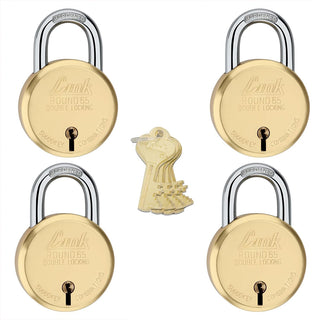 Link 8 Levers 65mm Round Brass Body Padlock| Hardened Shackle|Double Locking | Brass Finish Home Door Lock with 4 Brass Keys| Made in India| (Gold, Pack of 4)