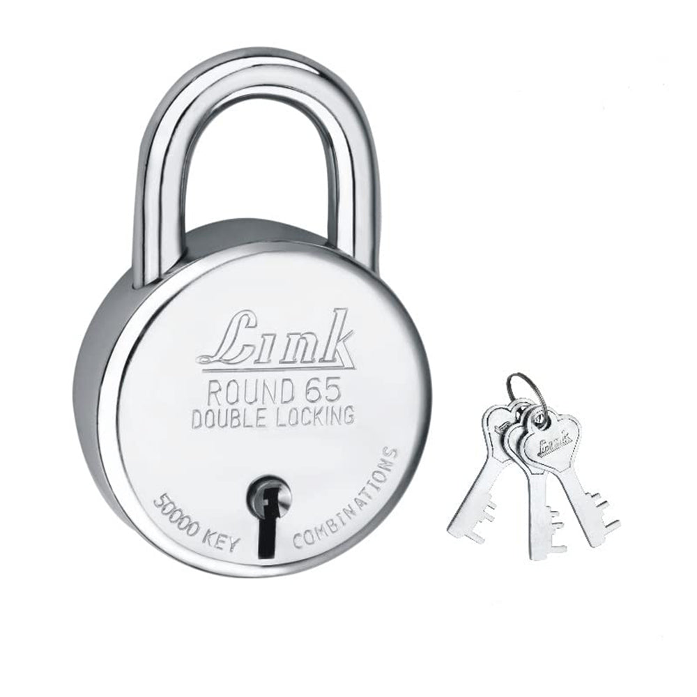 Link New Round 65MM Padlock Steel Body Iron Lever Double Locking 3 Silver Keys 1 Lock Made In India