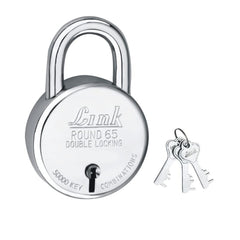 Link New Round 65MM Padlock Steel Body Iron Lever Double Locking 3 Silver Keys 1 Lock Made In India
