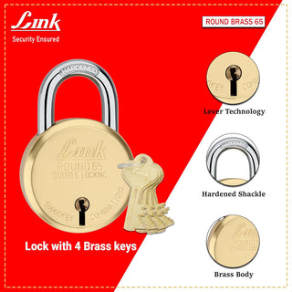 Link 8 Levers 65mm Round Brass Body Padlock | Hardened Shackle| Double Locking | Brass Finish Home Door Lock with 4 Brass Keys | Made in India | (Gold, Pack)