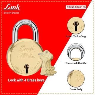 Link 8 Levers 65mm Round Brass Body Padlock| Hardened Shackle|Double Locking | Brass Finish Home Door Lock with 4 Brass Keys| Made in India| (Gold, Pack of 5)