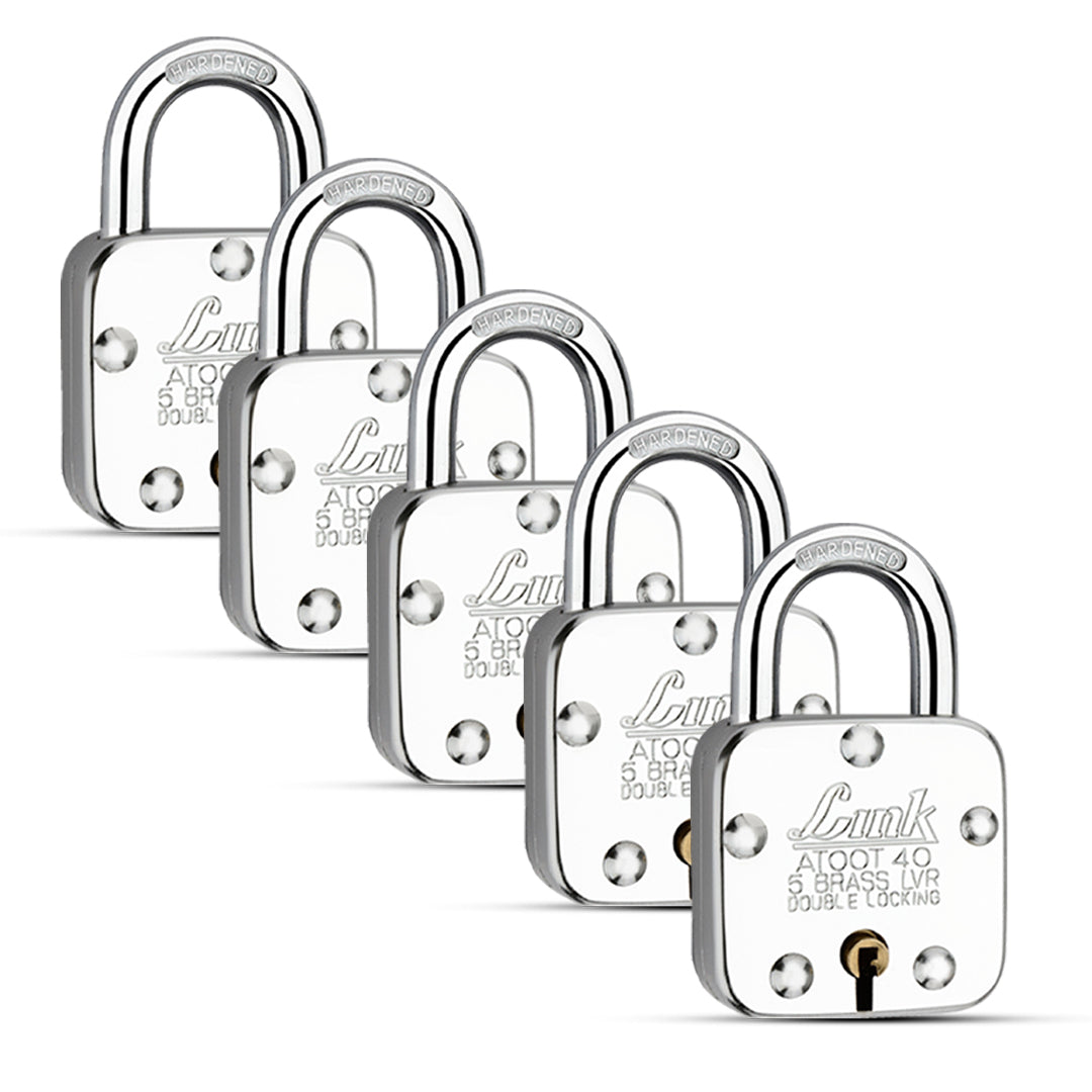 Link Atoot 40MM Padlocks 5Pcs Set | Double Locking | Steel Body | Hardened Shackle | 5 Brass Levers | Made in India | 3 Keys for Each Padlock