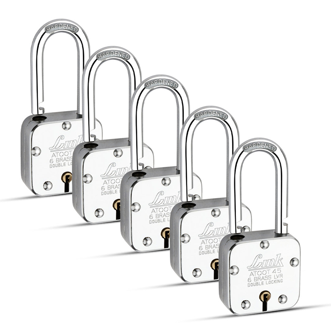Link Atoot 45MM Long Shackle Padlocks 5Pcs Set | Steel Body | Hardened Shackle | 6 Brass Levers | Made in India | 3 Keys for Each Padlock