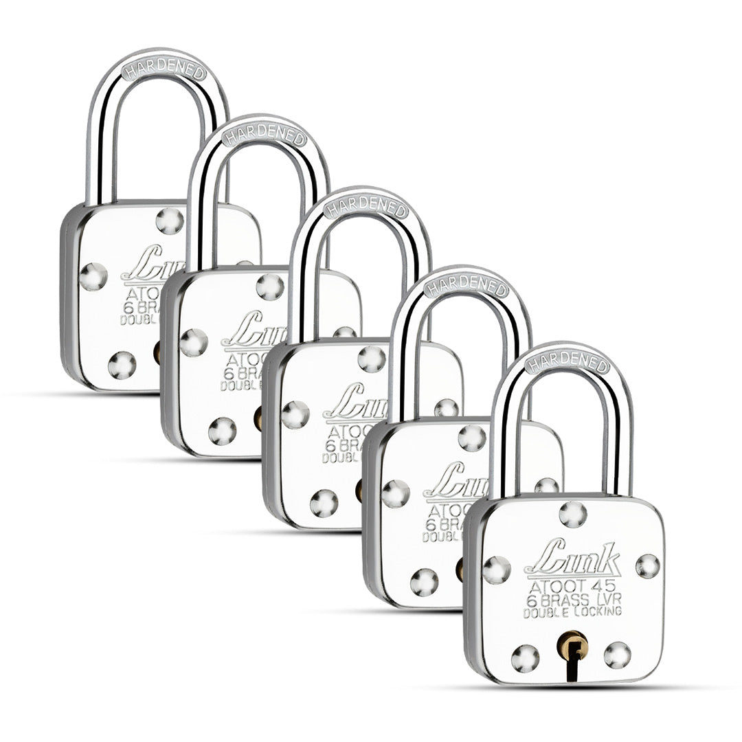 Link Atoot 45MM Padlocks 5Pcs Set | Double Locking | Steel Body | Hardened Shackle | 6 Brass Levers | Made in India | 3 Keys for Each Padlock
