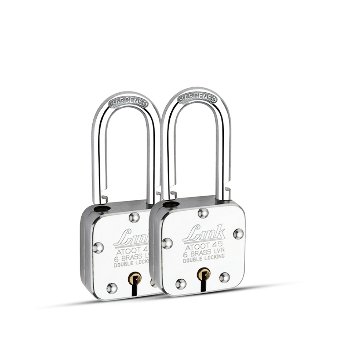 Link Atoot 45MM Long Shackle Lock | Double Locking | Steel Body | Hardened Shackle | 6 Brass Levers | Made in India | Each Padlock with 3 Silver Keys Free Keychain (Pack of 2)
