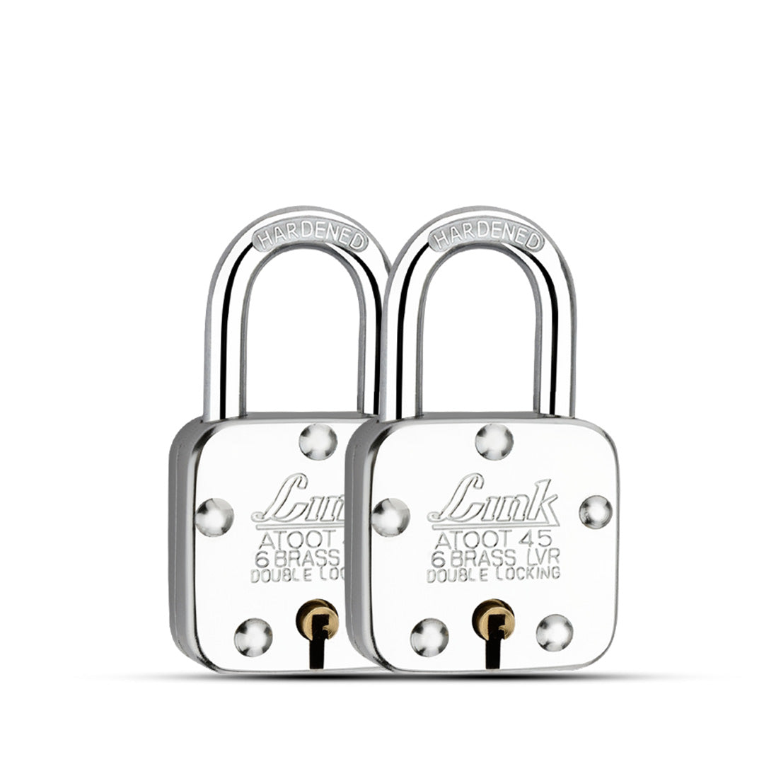 Link Atoot 45MM Lock | Double Locking | Steel Body | Hardened Shackle | 6 Brass Levers | Made in India | Each Padlock with 3 Silver Keys Free Keychain (Pack of 2)