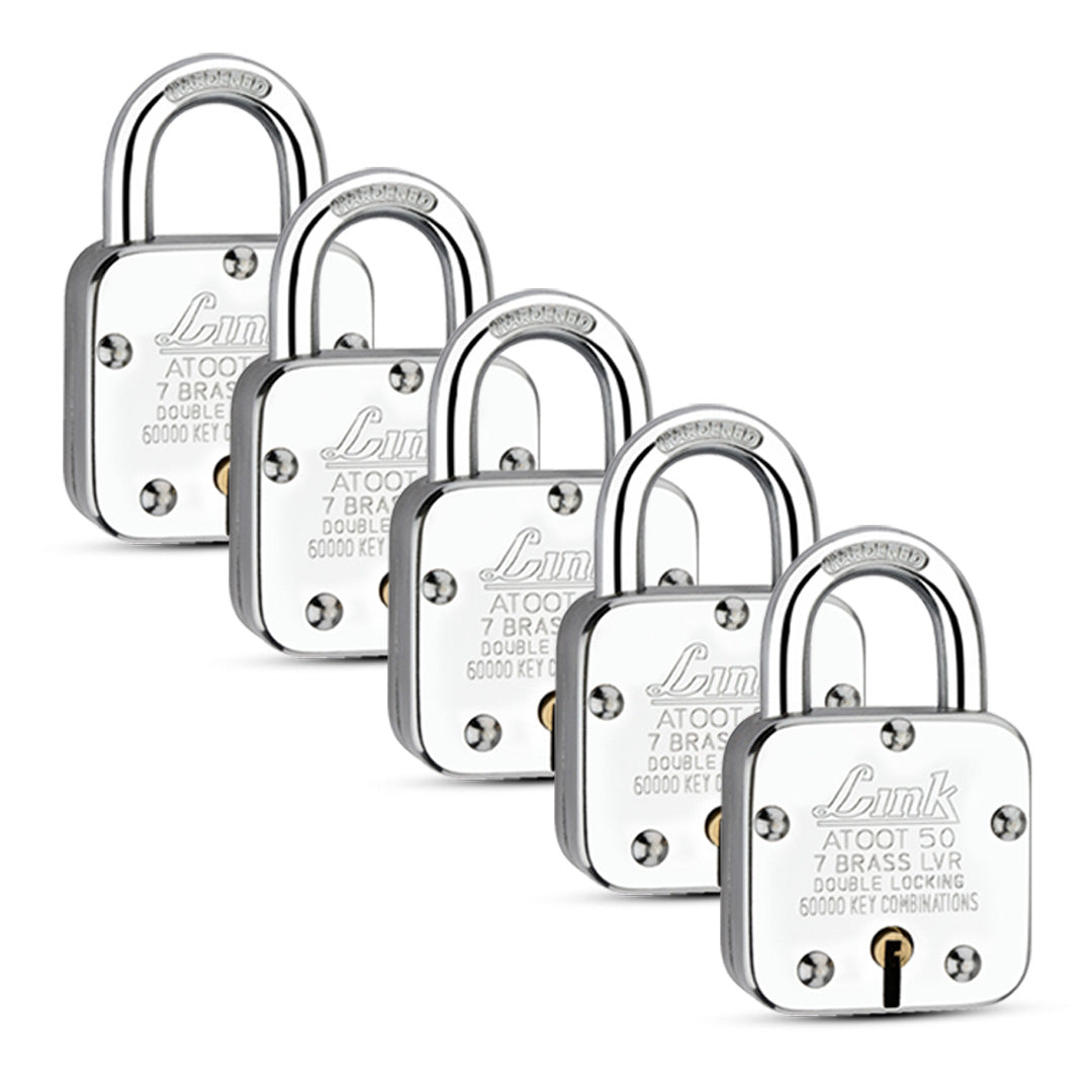 Link Atoot 50MM Padlocks 5Pcs Set | 60,000 Key Combinations | Steel Body | Hardened Shackle | 7 Brass Lever | Made in India | 3 Keys for Each Padlock