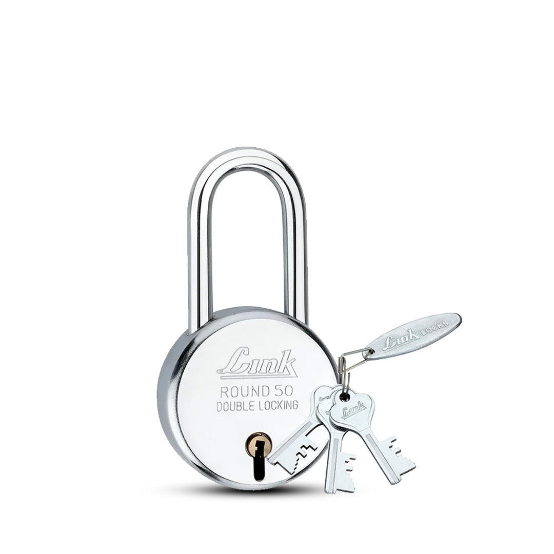 Link 50mm New Round Long Shackle Pack of 1  | 50,000 Key Combinations | Made in India | Double Locking | Steel Body | Iron Lever| 3 Keys for Each Padlock