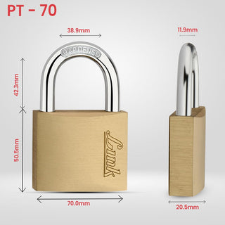Link PT 70MM Brass Padlock with Hardened Shackle and 3 Brass Key | 15 Years Warranty