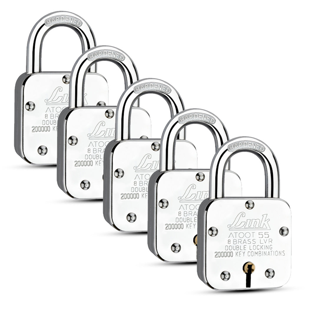 Link Atoot 55MM Padlocks 5Pcs Set | 2 Lakhs Key Combinations | Steel Body | Hardened Shackle | 8 Brass Levers | Made in India | 3 Keys for Each Padlock