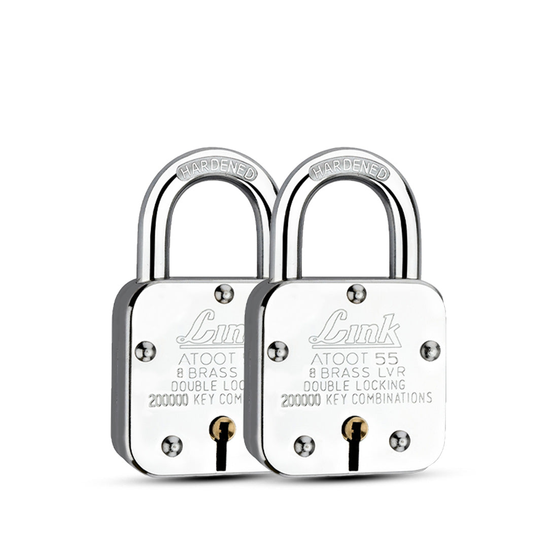 Link Atoot 55MM Lock | 2 Lakhs Key Combinations | Steel Body | Hardened Shackle | 8 Brass Levers | Made in India |Each Padlock with 3 Silver Keys and Free Key Chain (Pack of 2)