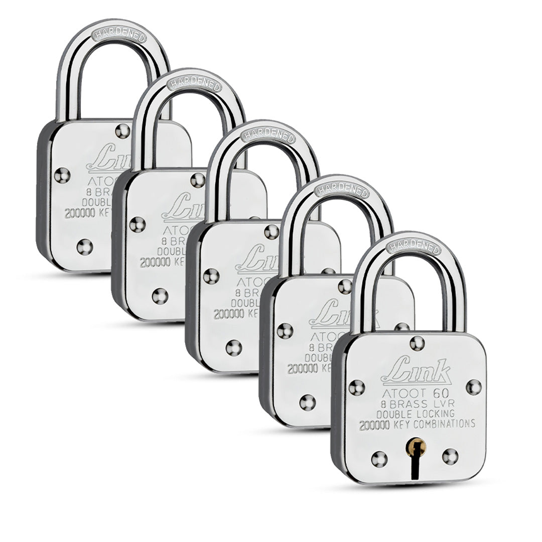 Link Atoot 60MM Padlocks 5Pcs Set | 2 Lakhs Key Combinations | Steel Body | Hardened Shackle | 8 Brass Levers | Made in India | 3 Keys for Each Padlock