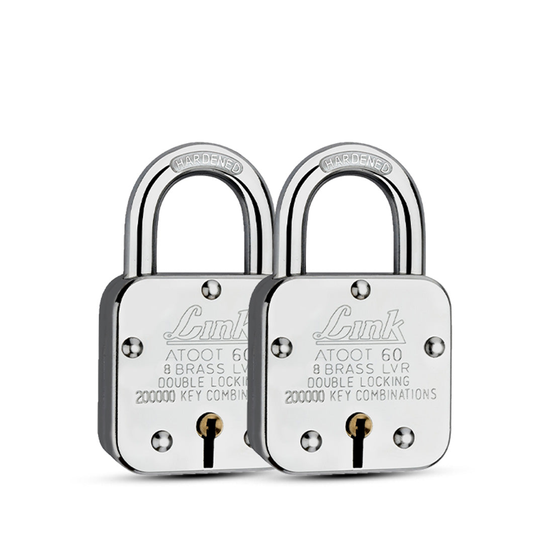 Link Atoot 60MM| 2 Lakh Key Combinatiosn | Steel Body | Hardened Shackle | 8 Brass Levers | Made in India | Each Padlock with 3 Silver Keys and Free Key Chain (Pack of 2)