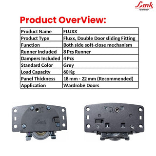 Link FLUXX Double Door Wardrobe Sliding Fitting | Soft-Close on Both Sides | Heavy-Duty 60 Kg Load Capacity | Smooth & Silent Sliding System | 8 Pcs Runner