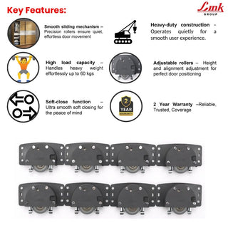 Link FLUXX Double Door Wardrobe Sliding Fitting | Soft-Close on Both Sides | Heavy-Duty 60 Kg Load Capacity | Smooth & Silent Sliding System | 8 Pcs Runner
