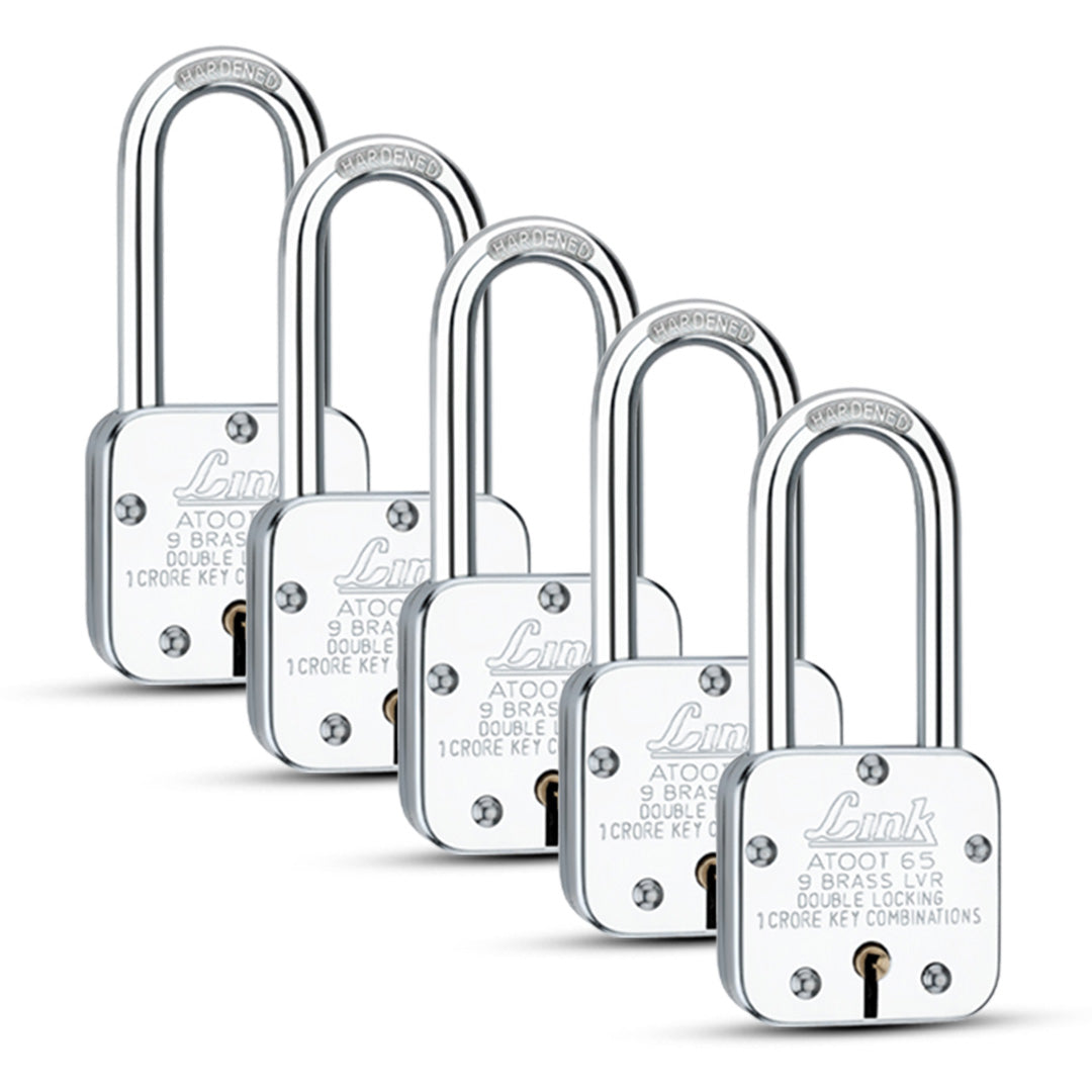 Link Atoot 65MM Long Shackle Padlocks 5Pcs Set | 1 Crore Key Combinations | Steel Body | Hardened Shackle | 9 Brass Lever | Made in India | 3 Keys for Each Padlock