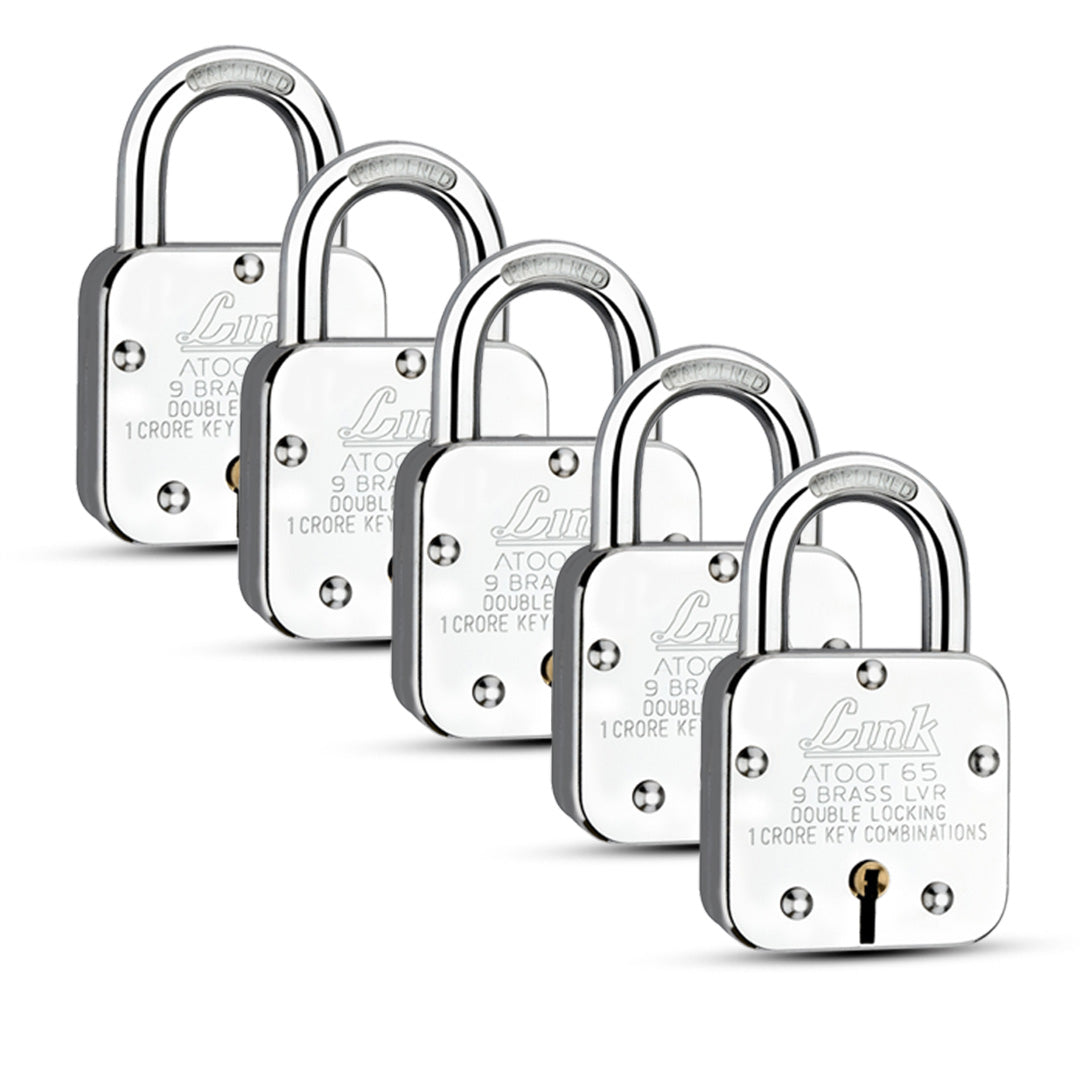 Link Atoot 65MM Padlocks 5Pcs Set | 1 Crore Key Combinations | Steel Body | Hardened Shackle | 9 Brass Lever | Made in India | 3 Keys for Each Padlock