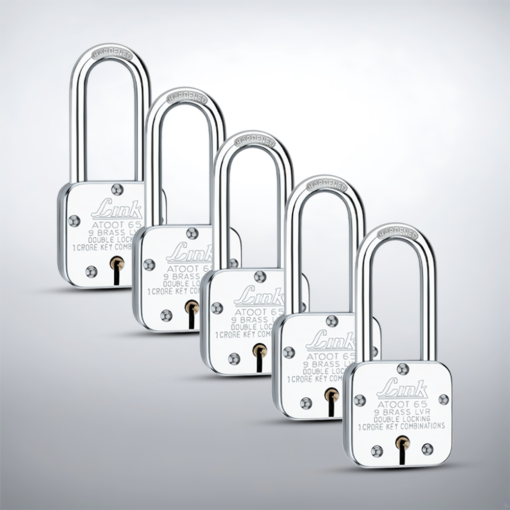 Link Atoot 65MM Long Shackle Padlocks 5Pcs Set | 1 Crore Key Combinations | Steel Body | Hardened Shackle | 9 Brass Lever | Made in India | 3 Keys for Each Padlock
