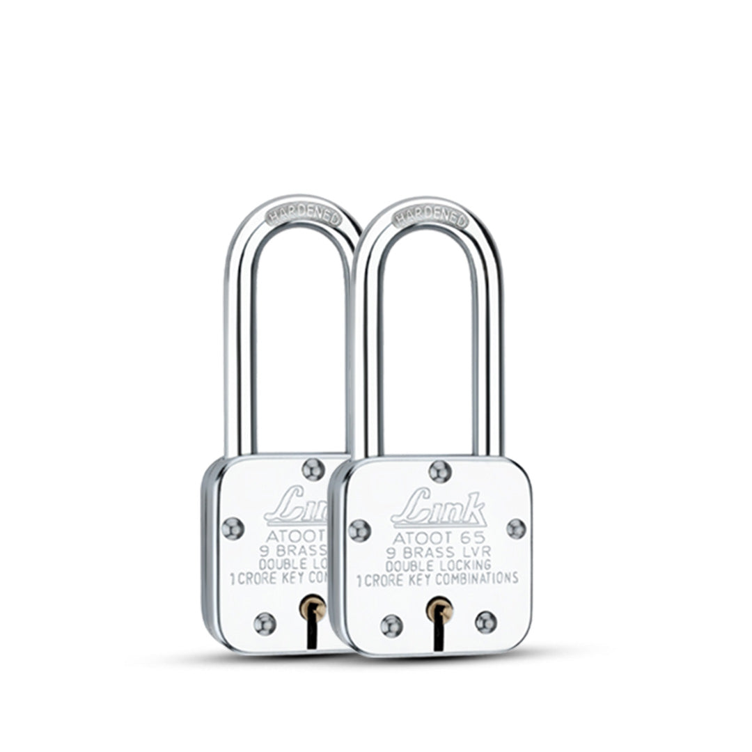 Link Atoot 65MM Long Shackle | 1 Crore Key Combinations | Steel Body | Hardened Shackle | 9 Brass Lever | Made in India | Each Padlock with 3 Silver Keys and Free Key Chain (Pack of 2)
