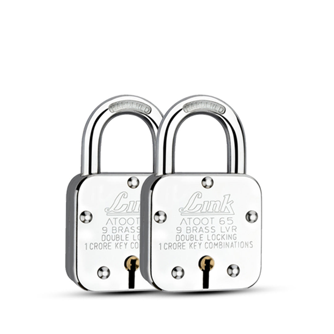 Link Atoot 65MM Padlock | 9 Brass Lever | Double Locking Pad Lock (Silver) | Pack of 2
