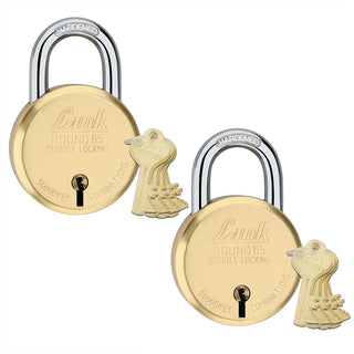 Link 8 Levers 65mm Round Brass Body Padlock | Hardened Shackle|Double Locking | Brass Finish Home Door Lock with 4 Brass Keys| Made in India| (Gold, Pack of 2)
