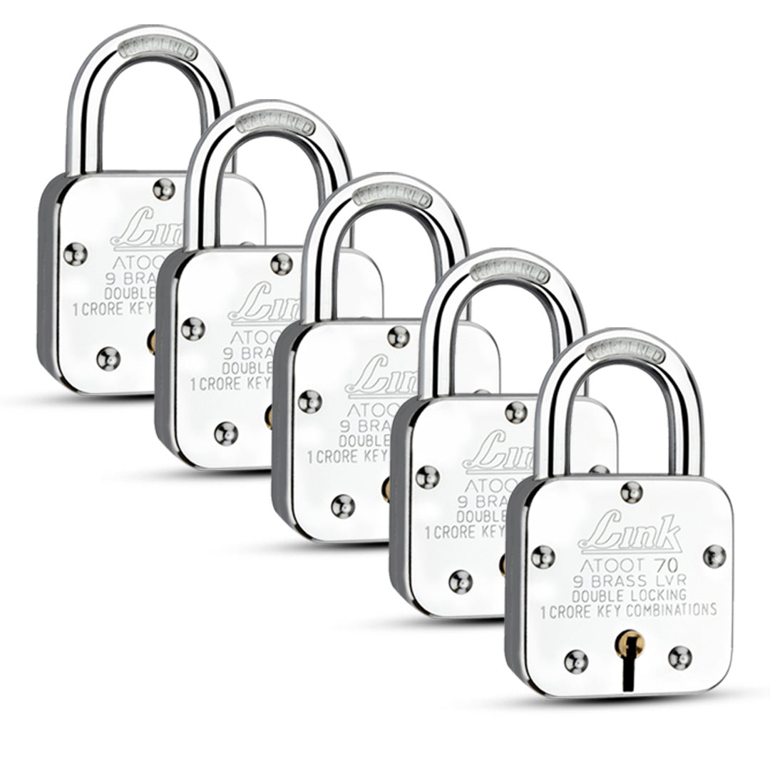 Link Atoot 70MM Padlocks 5Pcs Set | 1 Crore Key Combinations | Stainless Steel Body | Hardened Shackle | 9 Brass Lever | Made in India | 3 Keys for Each Padlock