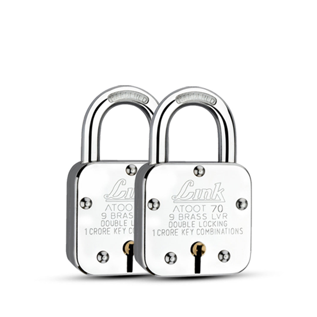 Link Atoot 70MM | 1 Crore Key Combinations | Steel Body | Hardened Shackle | 9 Brass Lever | Made in India | Each Padlock with 3 Silver Keys and Free Key Chain (Pack of 2)