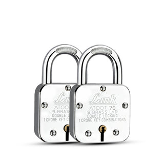 Link Atoot 70MM | 1 Crore Key Combinations | Steel Body | Hardened Shackle | 9 Brass Lever | Made in India | Each Padlock with 3 Silver Keys and Free Key Chain (Pack of 2)