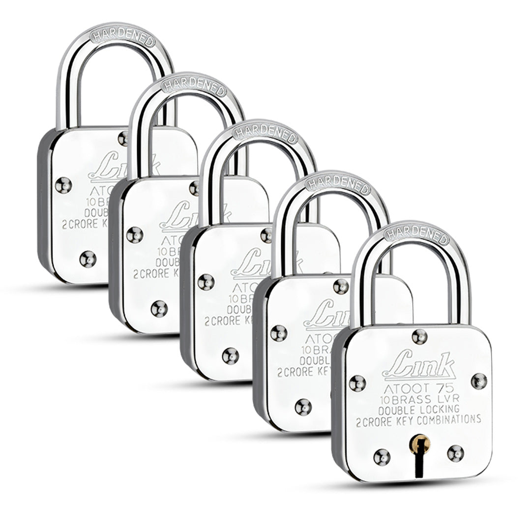 Link Atoot 75MM Padlocks 5Pcs Set | 2 Crore Key Combinations | Stainless Steel Body | Hardened Shackle | 10 Brass Lever | Made in India | 3 Keys for Each Padlock