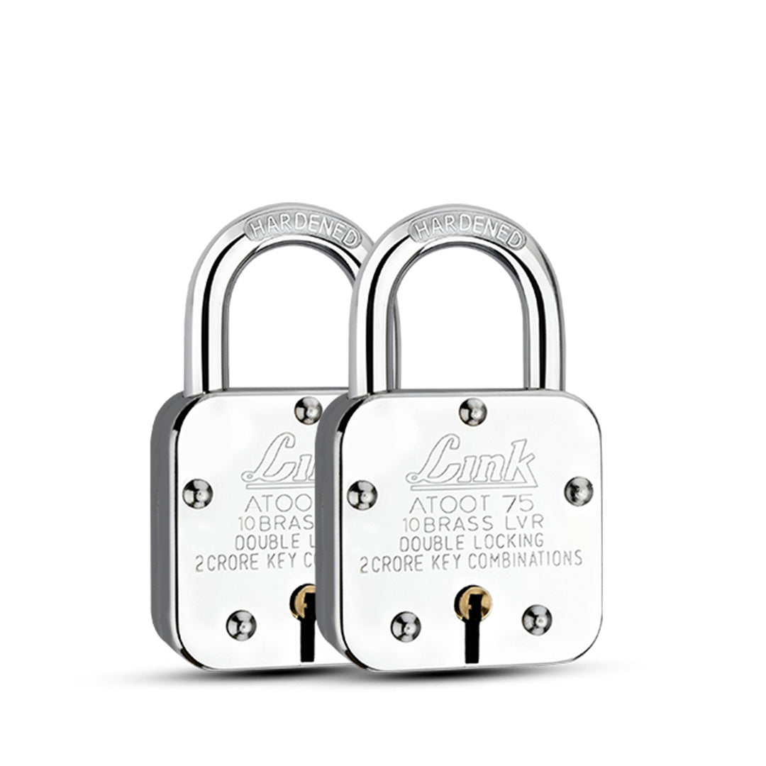 Link Atoot 75MM Lock Pack of 2 | 2 Crore Key Combinations | Stainless Steel Body | Hardened Shackle | 10 Brass Lever | Made in India | Each Padlock with 3 Silver Key