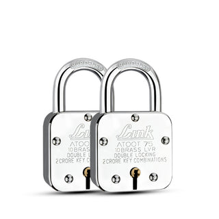 Link Atoot 75MM Lock Pack of 2 | 2 Crore Key Combinations | Stainless Steel Body | Hardened Shackle | 10 Brass Lever | Made in India | Each Padlock with 3 Silver Key and Free Key Keychain