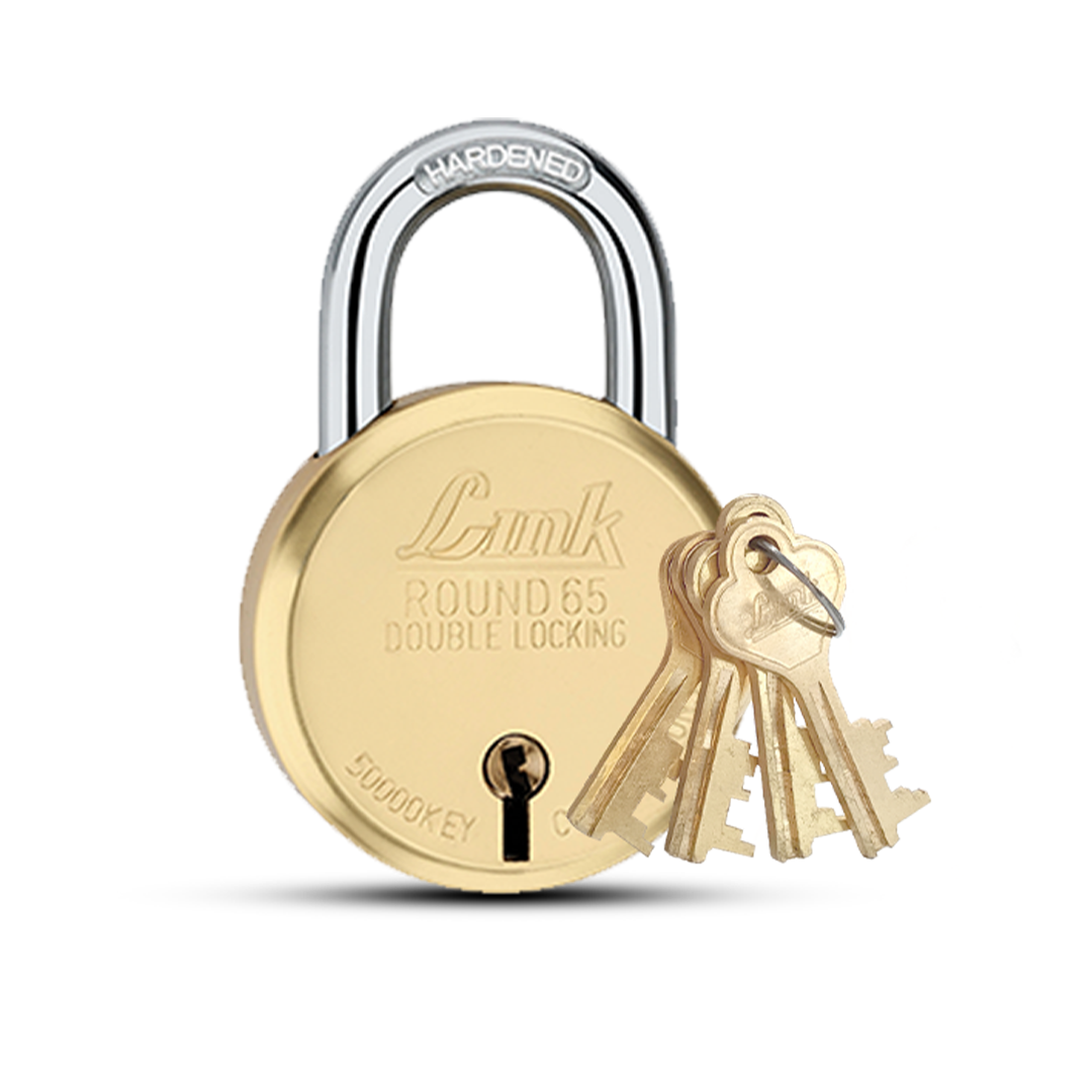 Link 8 Levers 65mm Round Brass Body Padlock | Hardened Shackle| Double Locking | Brass Finish Home Door Lock with 4 Brass Keys | Made in India | (Gold, Pack)