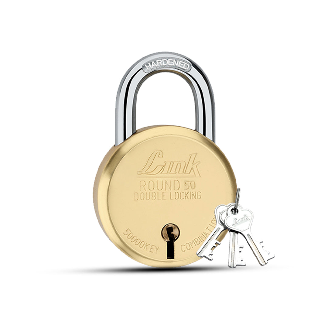 Link Round 50MM Brass Lock | Brass Body | Brass Lever | Double Locking | 1 Padlock with 3 MS Keys | Made in India
