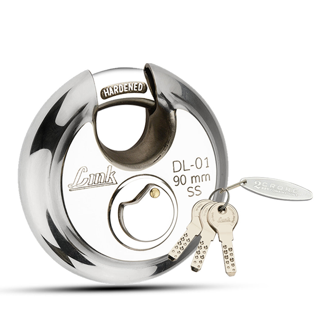 Link Disc Lock 90MM Padlock | Stainless Steel Body | Hardened Shackle | 3 Hi-Tech Nickle Silver Keys | 1 Padlock | Made in India | 10 Years Waranty | Get 1 Free Key Holder