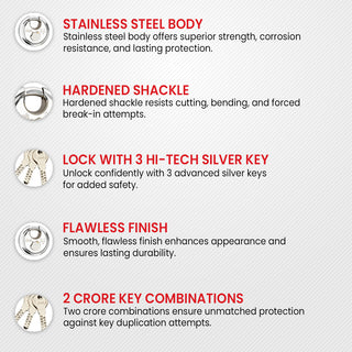 Link Disc Lock 90MM Padlock | Stainless Steel Body | Hardened Shackle | 3 Hi-Tech Nickle Silver Keys | 1 Padlock | Made in India | 10 Years Waranty | Get 1 Free Key Holder