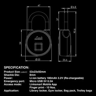 Link Smart Fingerprint Padlock With 2 Way Access Fingerprint & Mobile App Access, Suitable For Bags, Suitcase, Bike, Garage Door, Cabinet, Warehouse Doors and Shutters., Black