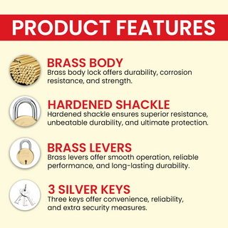 Link 8 Levers 65mm Round Brass Body Padlock | Hardened Shackle| Double Locking | Brass Finish Home Door Lock with 4 Brass Keys | Made in India | (Gold, Pack)