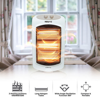 Mewto Inferno 1200W Halogen Heater | 3 Heating Levels, 180 Oscillation, Cool Touch Body, Compact & Portable | Energy Efficient, Safe & Reliable