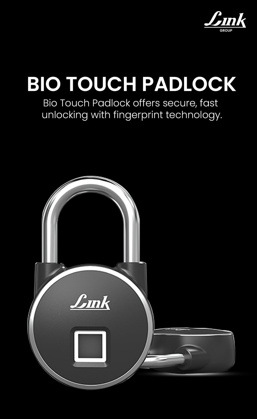 Link Smart Fingerprint Padlock With 2 Way Access Fingerprint & Mobile App Access, Suitable For Bags, Suitcase, Bike, Garage Door, Cabinet, Warehouse Doors and Shutters, Black