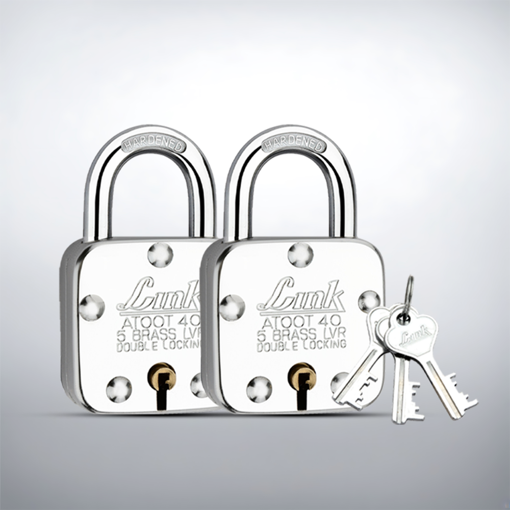 Link Atoot 40MM Lock | Double Locking | Steel Body | Hardened Shackle | 5 Brass Levers | Made in India | Each Padlock with 3 Silver Keys Free Keychain (Pack of 2)