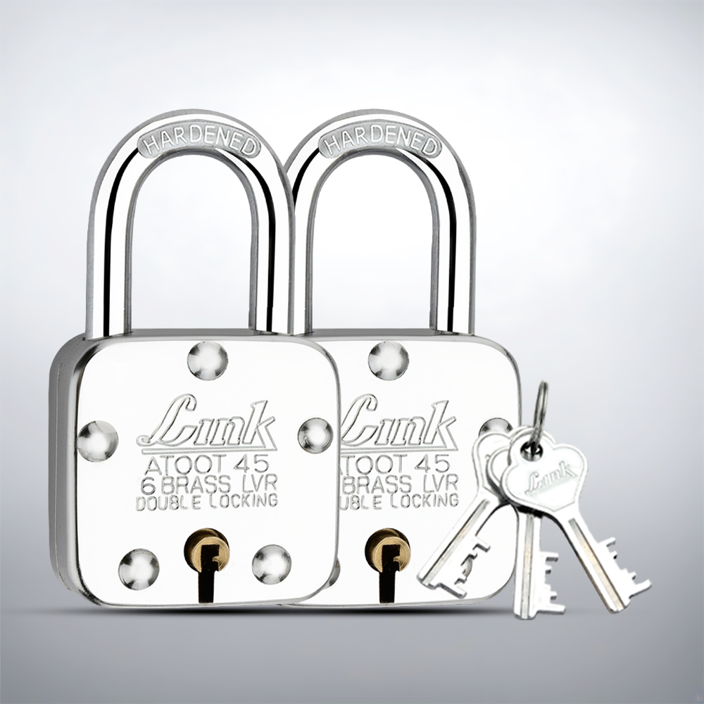 Link Atoot 45MM Lock | Double Locking | Steel Body | Hardened Shackle | 6 Brass Levers | Made in India | Each Padlock with 3 Silver Keys Free Keychain (Pack of 2)
