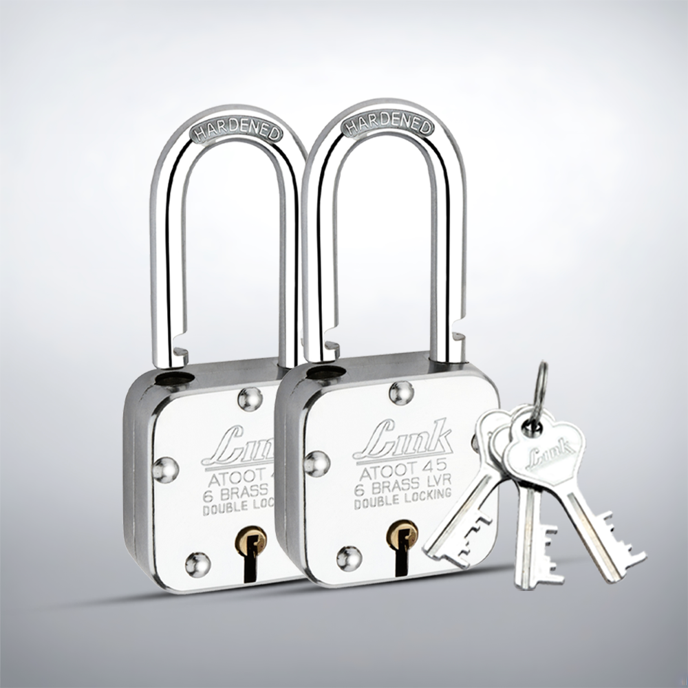 Link Atoot 45MM Long Shackle Lock | Double Locking | Steel Body | Hardened Shackle | 6 Brass Levers | Made in India | Each Padlock with 3 Silver Keys Free Keychain (Pack of 2)